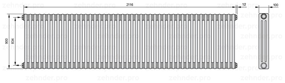 Схема (чертеж) Радиатор Zehnder Charleston 3090/46 №1270 Белый глянцевый RAL 9016